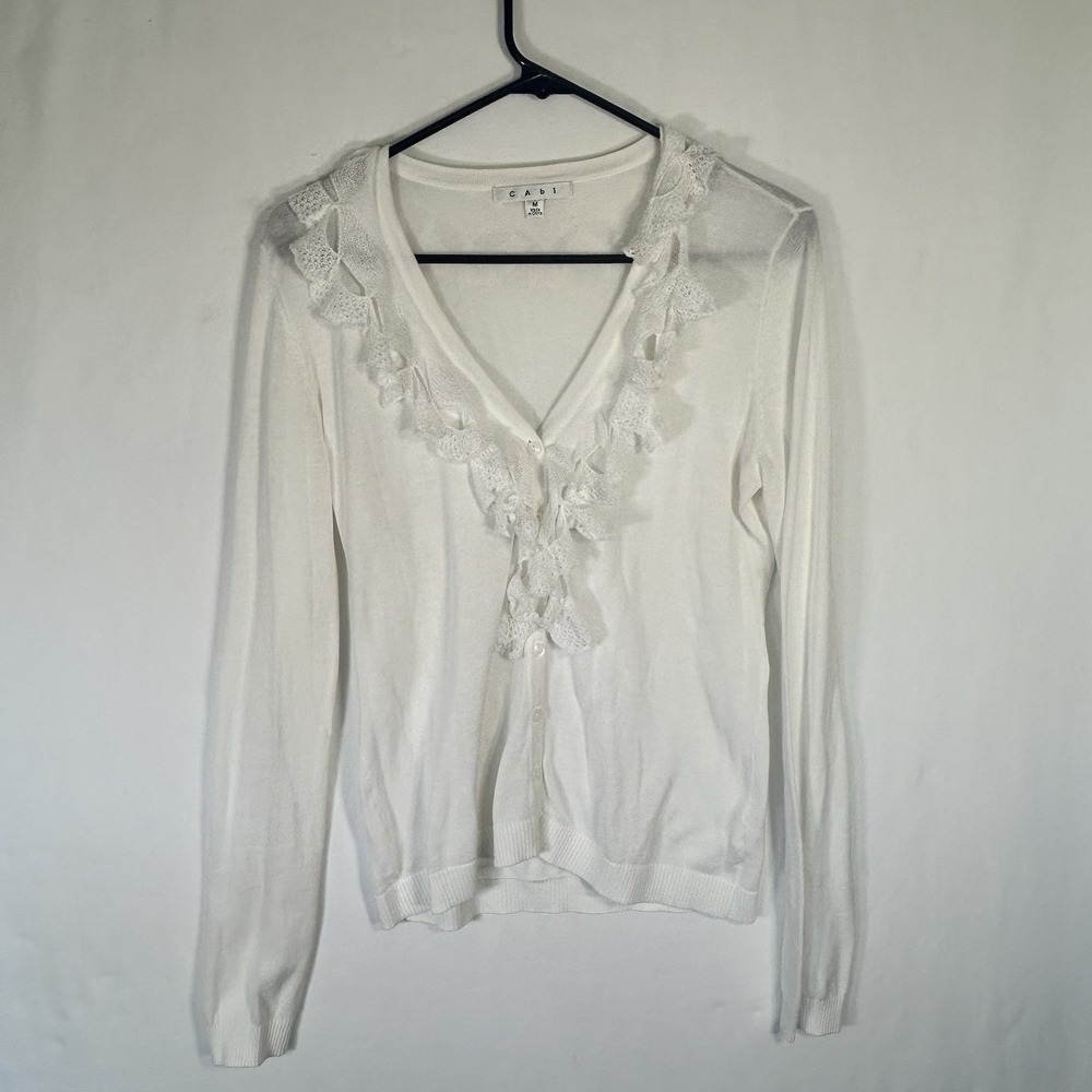 Cabi Cascade Lace Cardigan Sweater White Ruffle V-Neck Knit Medium Cottage Core